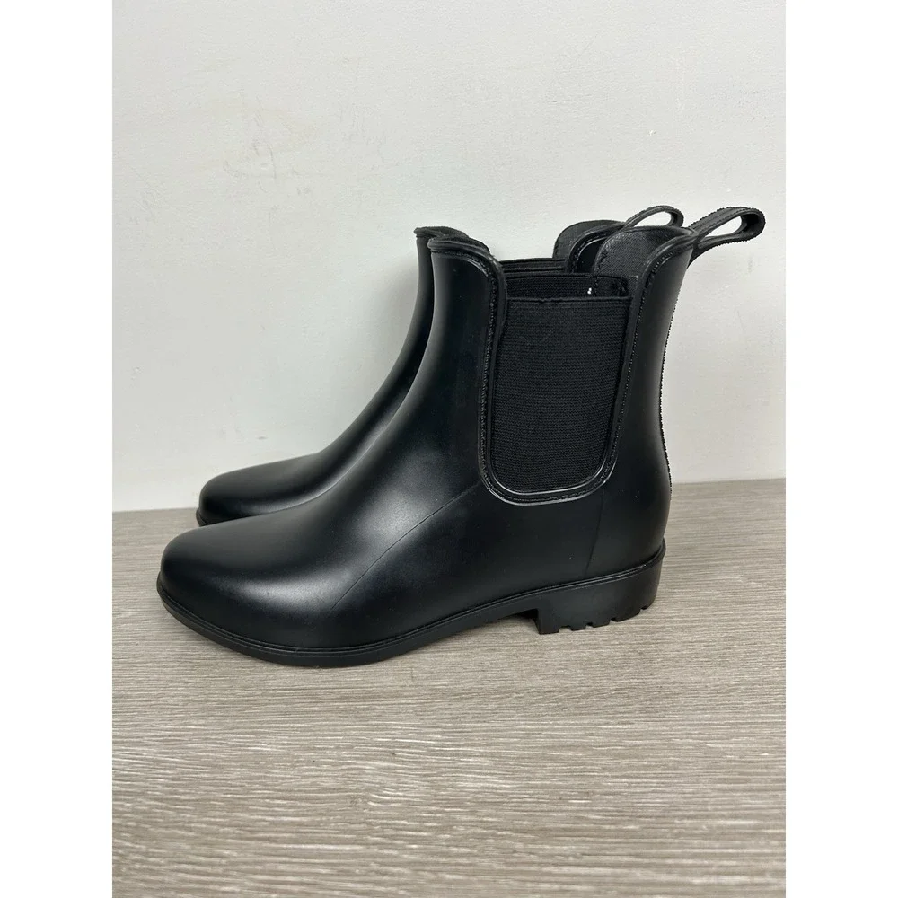 A New Day Women's Chelsea Black Pull On Flats Rain Boots Size 6 Waterproof EUC